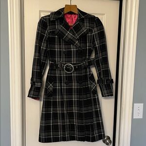 Black Plaid Trench Coat with Belt